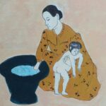 Maleri af en mor der vasker sit barn bagi