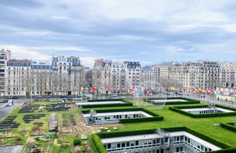 Udsigt over et grønt hustag med græs, mange flagstænger med flag, et stort kuppelformet gitter og bygninger i baggrunden. UNESCOs hovedkvarter i Paris.